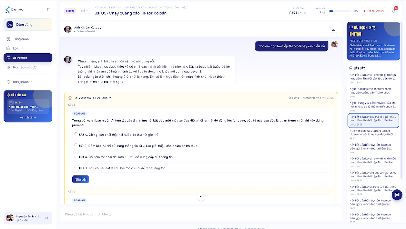 Kstudy AI Mentor Tạo bài kiểm tra cá nhân hóa theo ngữ cảnh riêng của học viên.png