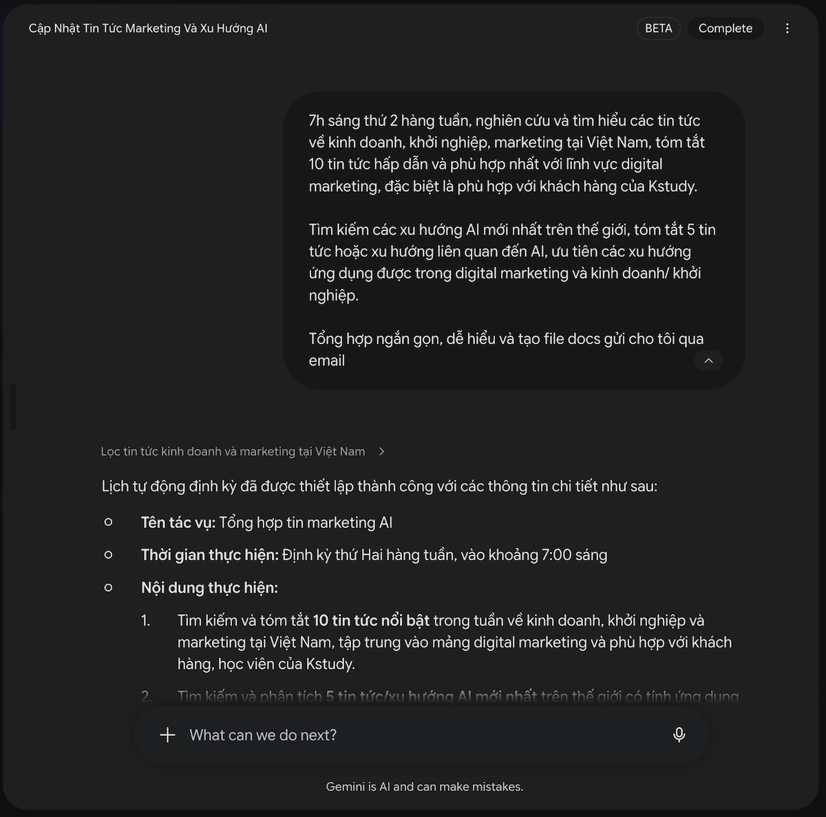 Ra lệnh setup 1 quy trình tự động hóa việc nghiên cứu đối thủ và lập content plan trên gemini spark.png