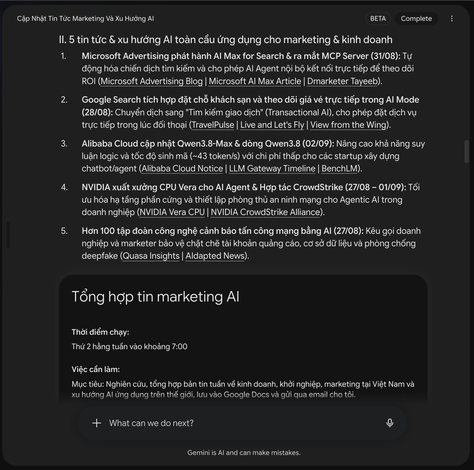 Kết quả của gemini spark tự động lập content plan và gửi email tổng hợp tin tức.png
