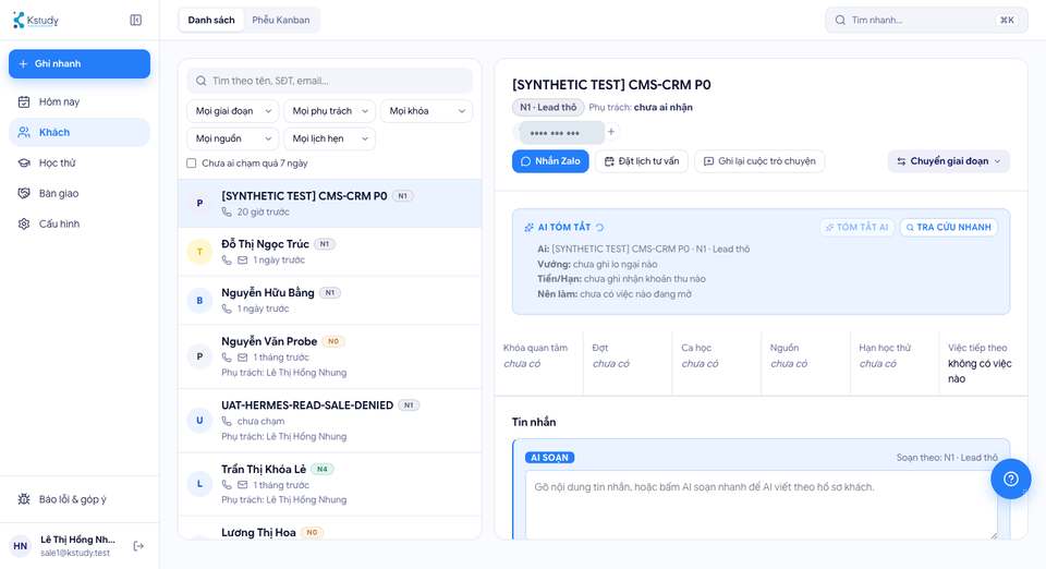 Màn hình hồ sơ khách hàng trong AI CRM với khối AI tóm tắt và nút AI soạn tin nhắn, số điện thoại đã được che