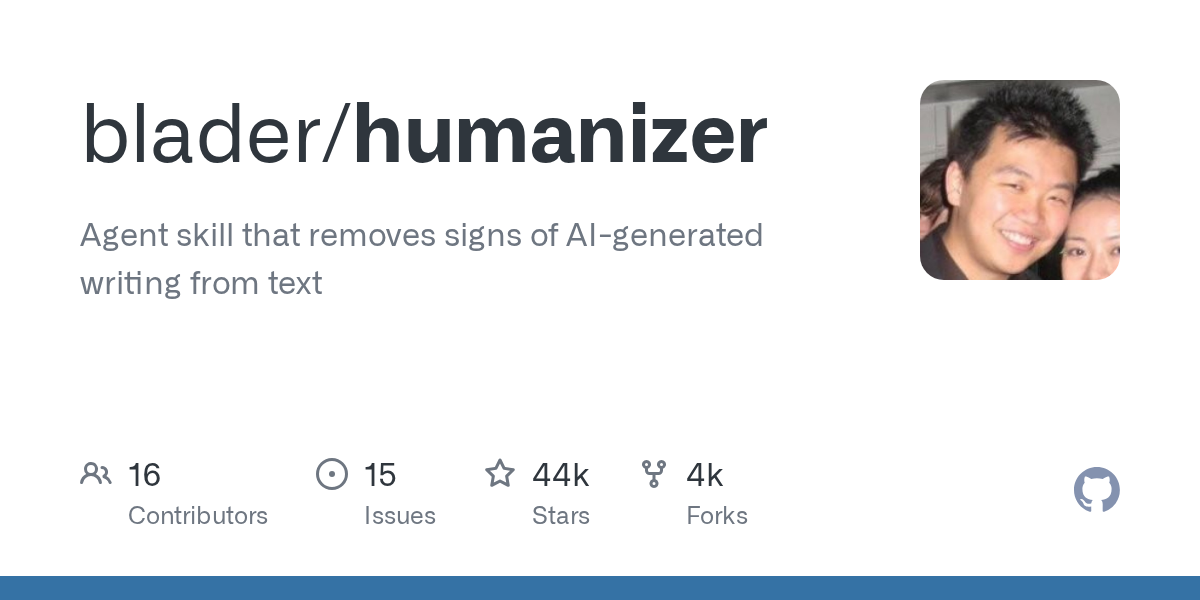 Ảnh thẻ giới thiệu kho GitHub blader/humanizer, hiển thị tên kho, mô tả ngắn và số lượt sao