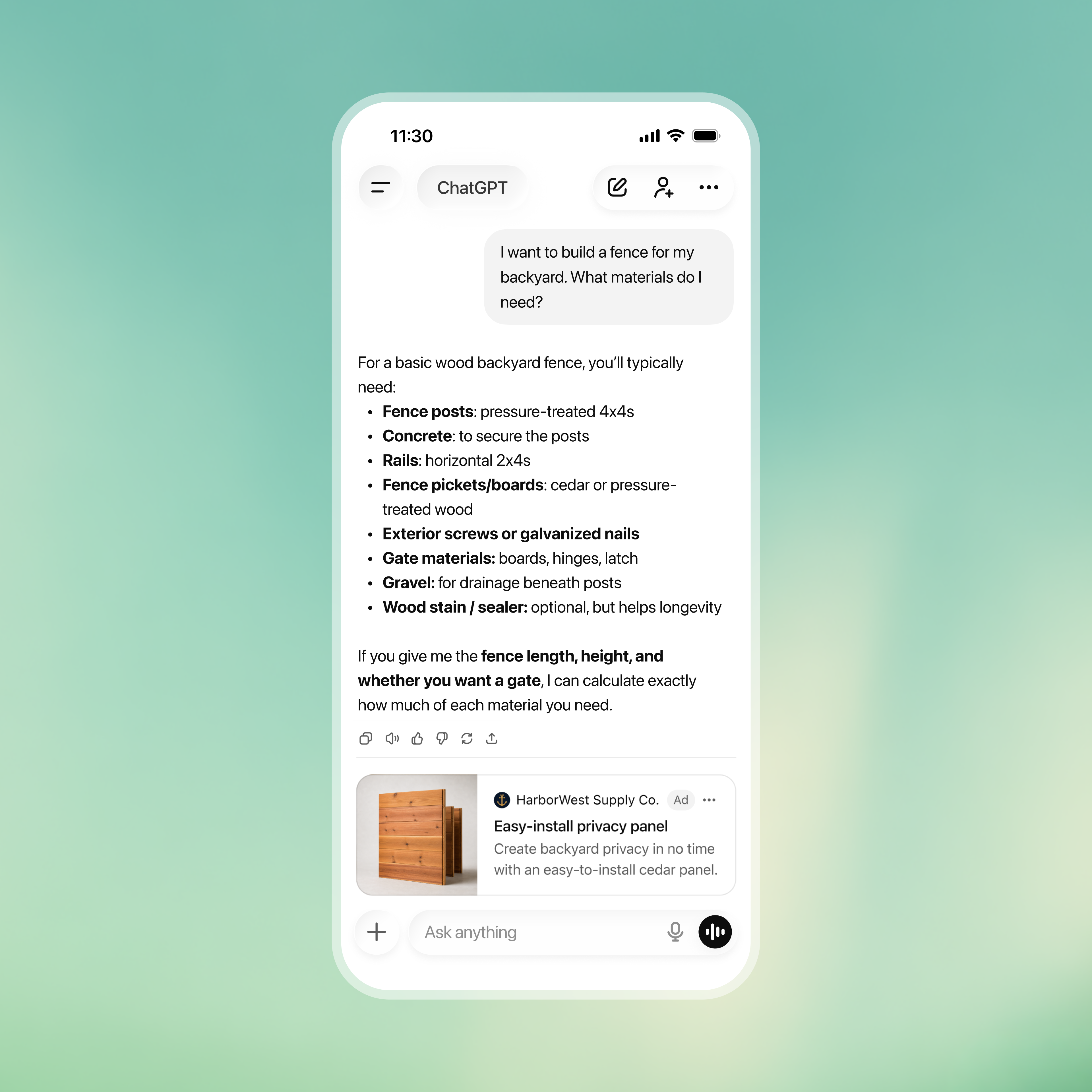 Giao diện hiển thị quảng cáo HarborWest Supply Co bên dưới câu trả lời của ChatGPT