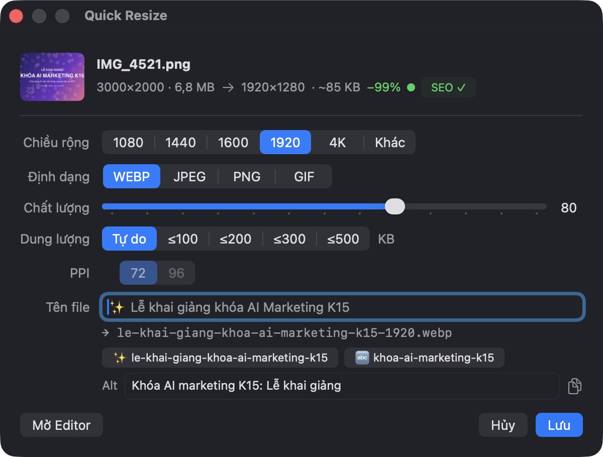 Panel Quick Resize của PixSEO: ảnh PNG 6,8 MB xuống WebP khoảng 85 KB, AI gợi ý tên file và alt text tiếng Việt