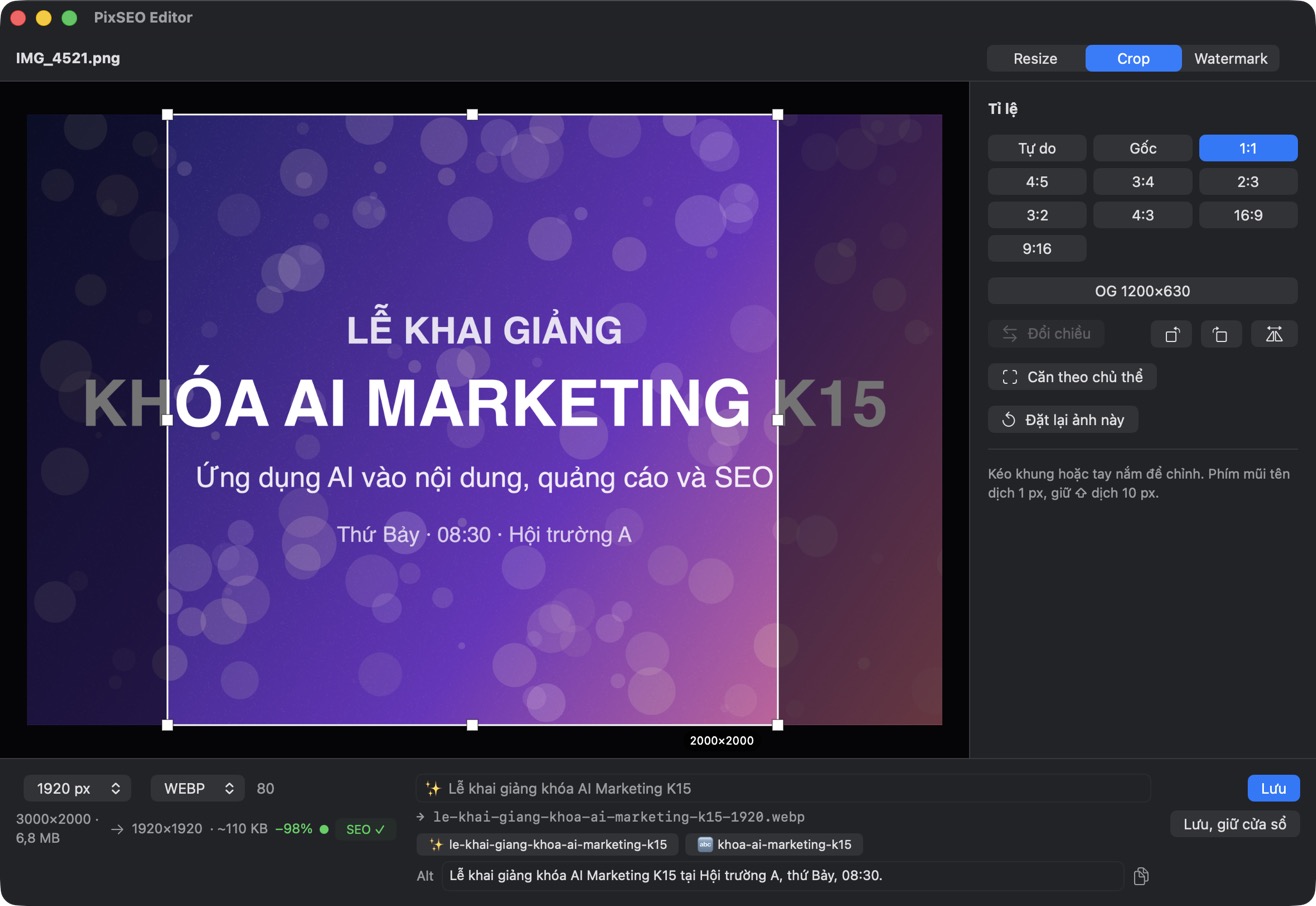 Tab Crop trong PixSEO Editor: khung tỉ lệ 1:1 tự đặt quanh chủ thể, ảnh ra 1920×1920