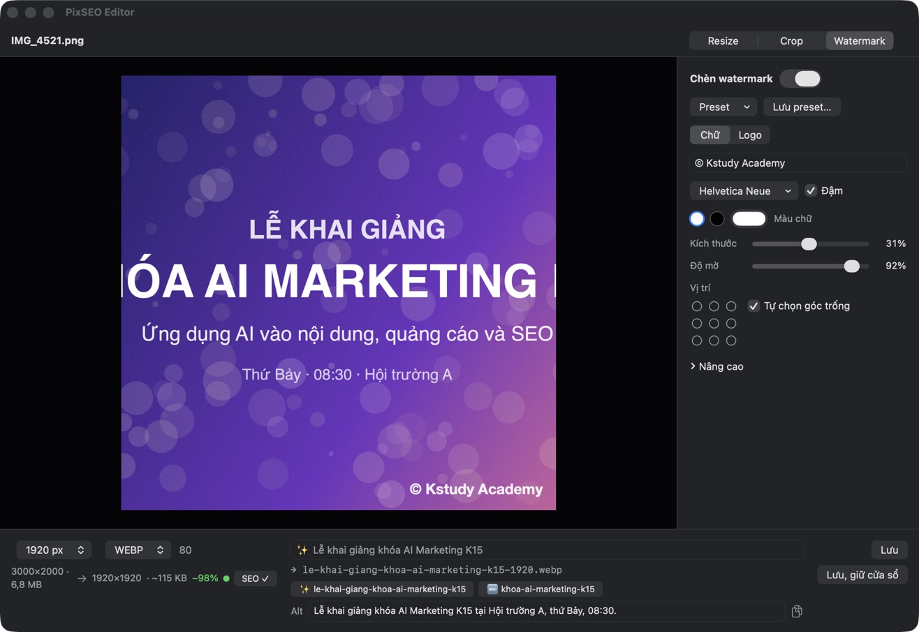 Tab Watermark trong PixSEO Editor: chữ © Kstudy Academy ở góc dưới phải, chỉnh kích thước và độ đậm