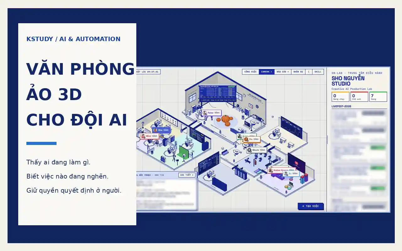 Ảnh bìa thiết kế về văn phòng ảo 3D cho đội AI với giao diện minh họa.