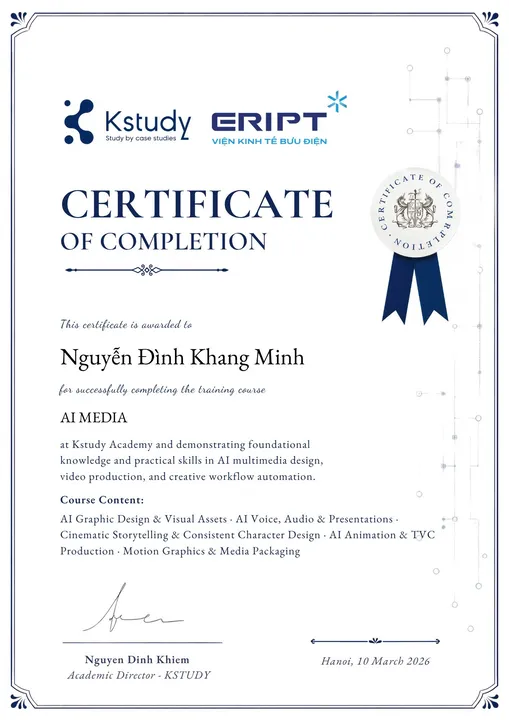 Mẫu chứng nhận hoàn thành khóa AI Media của Kstudy