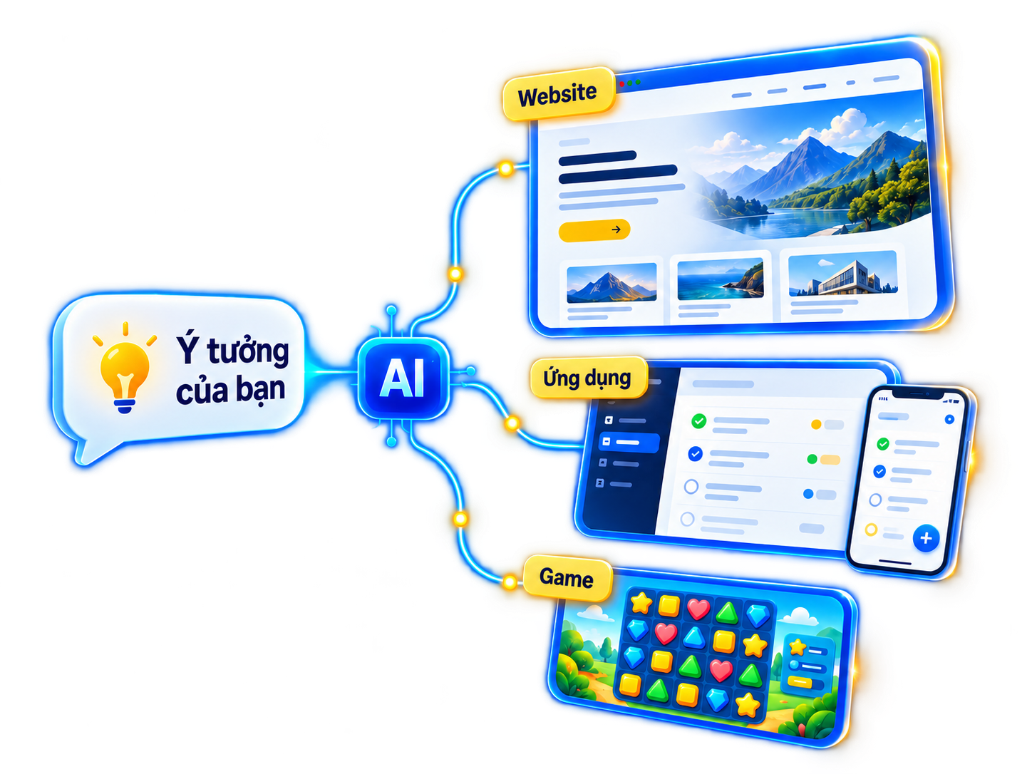 Ý tưởng của bạn kết nối với AI để tạo website, ứng dụng và game