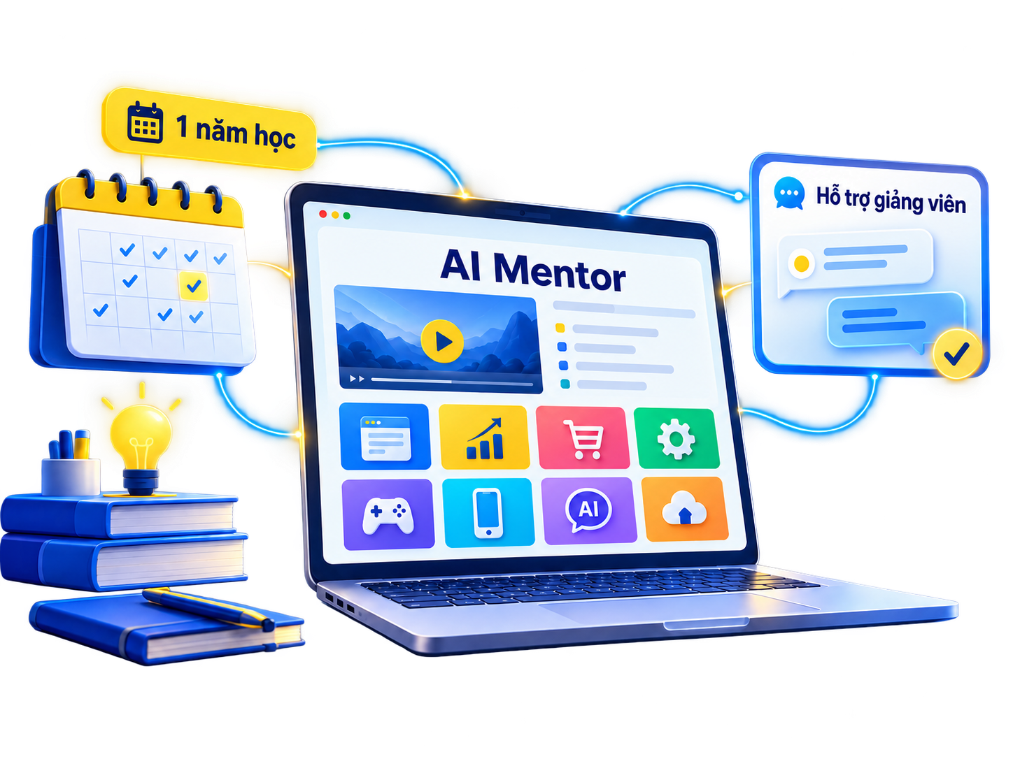 Minh họa một năm học e-learning trên AI Mentor với tám chuyên đề và hỗ trợ giảng viên