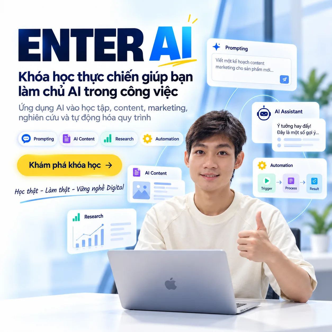 Poster Enter AI với người học dùng máy tính và các ví dụ ứng dụng AI