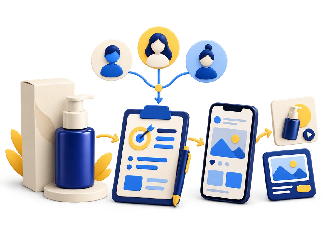 Minh họa sản phẩm, khách hàng, kế hoạch và nội dung quảng cáo kết nối thành quy trình marketing