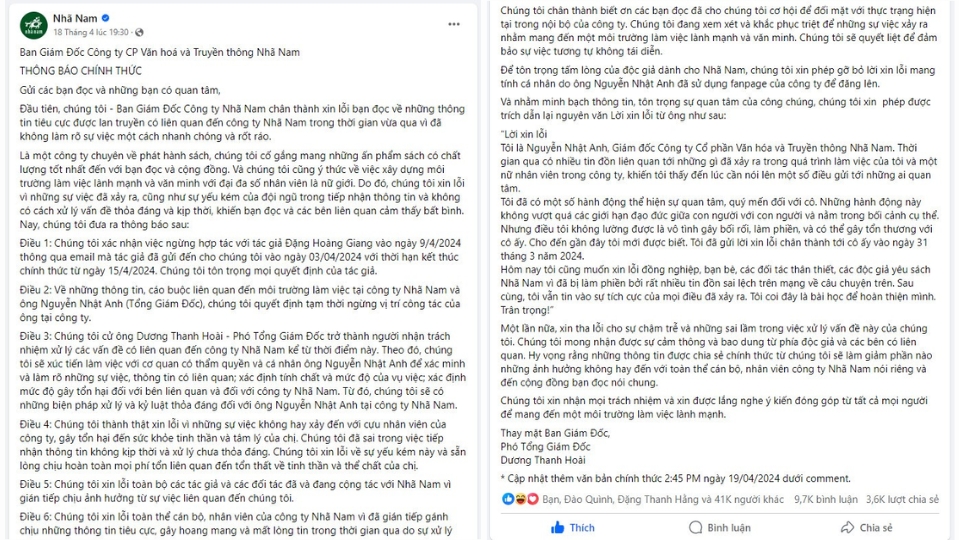 Lời xin lỗi của nhã nam trước khủng hảng truyền thông