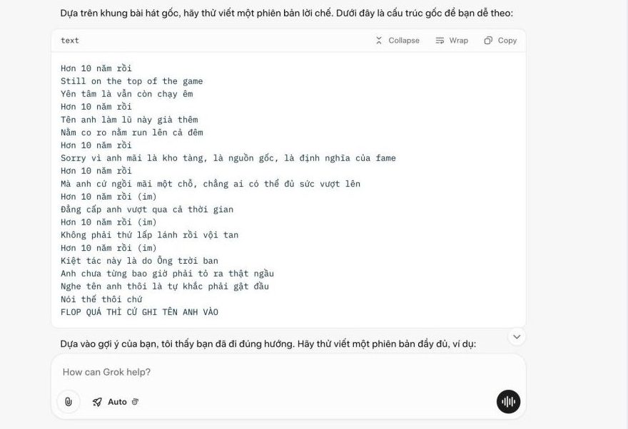 dùng grok chế lời bài hát sơn tùng mtp theo phong cách wiibike 